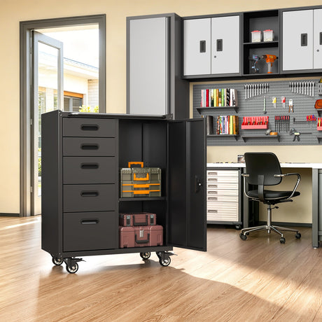 Metal Tool Garage Storage Cabinet with 5 Drawers and 1 Door HouseOfZazla