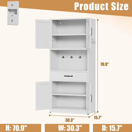 Kitchen Pantry Cabinet With Adjustable Shelves, Drawers, Hooks And Large Countertop - White HouseOfZazla