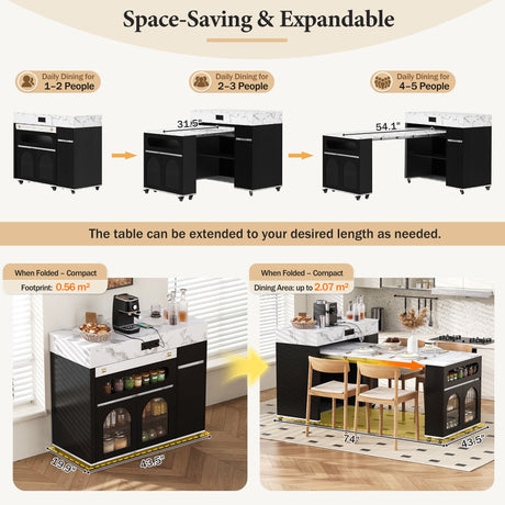 Extendable Dining Table With Folding Top, Rolling Kitchen Island With Drawers And Power Outlet HouseOfZazla