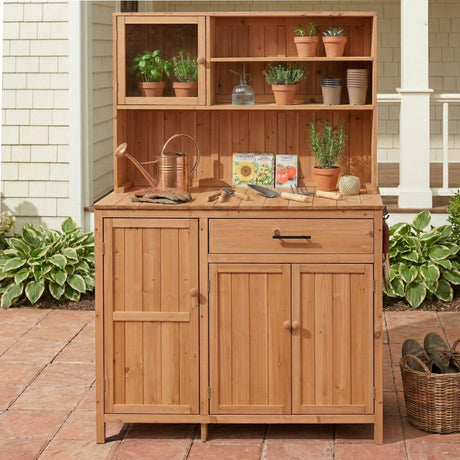 TOPAMX Potting Bench with Hutch, Solid Fir Wood Garden Workstation HouseOfZazla