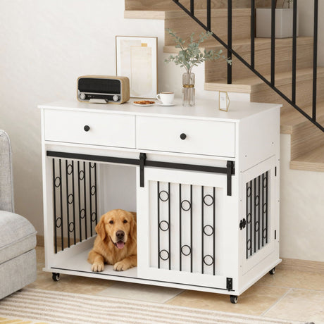 Dog Crate Furniture With Double Drawers And Sliding Barn Door, Pet Kennel For Small To Medium Dogs - White HouseOfZazla