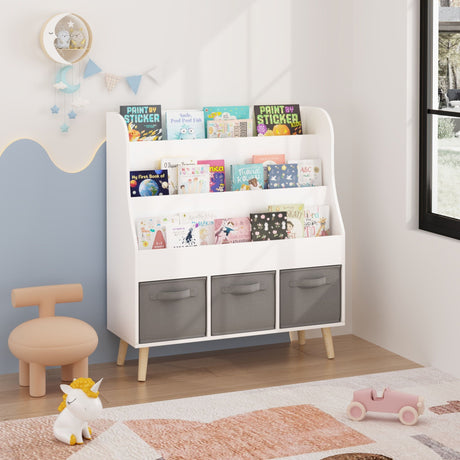 Bookshelf With 3 Storage Bins, Book Display Organizer, Front Facing Book Rack - White HouseOfZazla