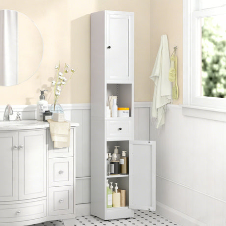 Tall Bathroom Storage Cabinet, 5-Tier Narrow With 2 Doors & Adjustable Shelves, Freestanding - White HouseOfZazla