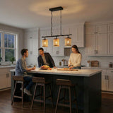 Elysian - 3 Lights Island With Natural Shade Farmhouse Chain Ceiling Lamp - Black / Rattan