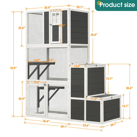 3 Tier Wooden Outdoor & Indoor Cat House Suitable For 1-3 Cats Cat Enclosure Resting Box With 4 Platforms And 2 Doors Cat Shelter Kitty House With A Jump Box For Hiding And Resting Cat Cage - Gray HouseOfZazla