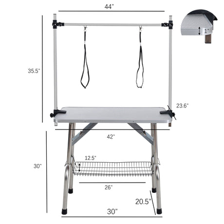 Folding Dog Pet Grooming Table Stainless Steel Frame Rubber Mat On Board With Adjustable Arm And Clamps Pet Dog Cat Grooming Table HouseOfZazla