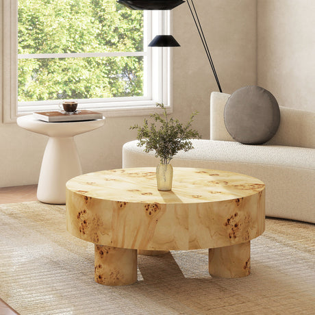 Nebula 35.5' Round Pillar Leg Coffee Table Warm Natural Brown Burl Wood HouseOfZazla