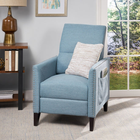 Repose Upholstered Recliner Chair With Nailhead Trim And Side Pocket - Light Blue HouseOfZazla