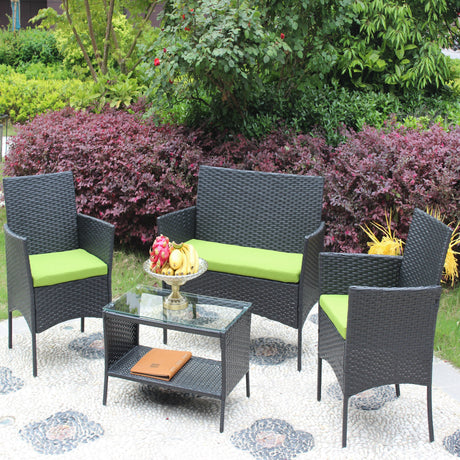 4 PC Rattan Patio Furniture Set Outdoor Cushioned Wicker Sofa Green Cushion HouseOfZazla