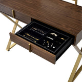 Coleen Walnut & Gold Finish Vanity Desk with Mirror & Jewelry Tray