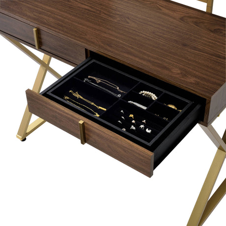 Coleen Walnut & Gold Finish Vanity Desk with Mirror & Jewelry Tray HouseOfZazla