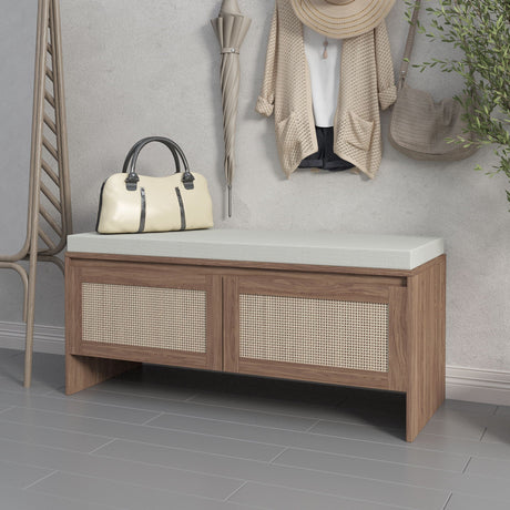 Storage Bench With Cushion, Shoe Cabinet With 2 Doors - Antique Natural / Rattan HouseOfZazla