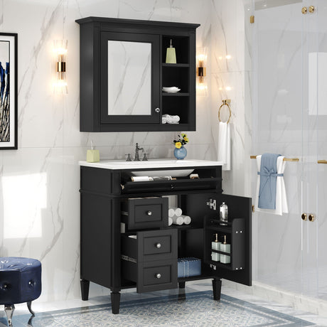 Bathroom Vanity With Medicine Cabinet, Royal Mirror Cabinet, Modern Bathroom Storage Cabinet With 2 Soft Closing Doors And 4 Drawers HouseOfZazla