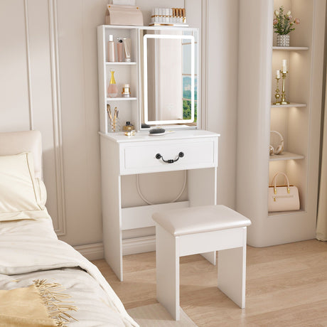 Modern Mini Dressing Table With Led-Lit Mirror & Hidden Storage, Adjustable Brightness Vanity Desk - White HouseOfZazla