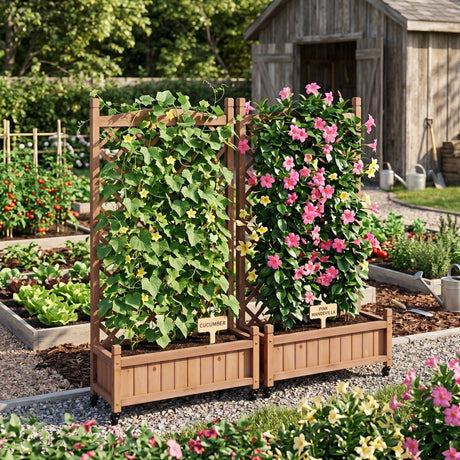 Raised Garden Bed With Trellis 2 Pack, Outdoor Planter Box & Plant Stand With Climbing Racks - Brown HouseOfZazla