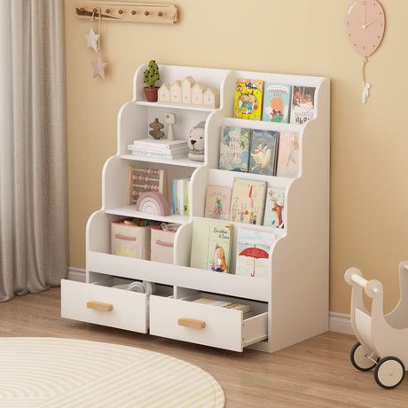 Bookshelf With 2 Storage Drawers, Front Facing Bookcase And Toy Organizer, Multi Tier Reading Shelf - White HouseOfZazla