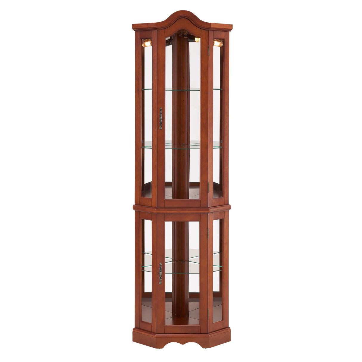 Corner Curio Cabinet With Lights, Adjustable Shelves, Mirrored Back - Walnut