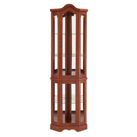 Corner Curio Cabinet With Lights, Adjustable Shelves, Mirrored Back - Walnut HouseOfZazla