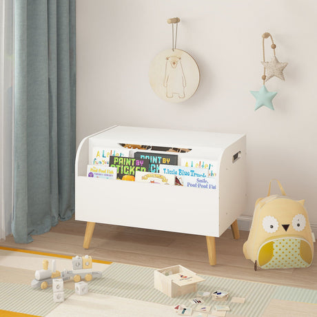 Toy Box With Front Bookshelf, Flip Top Lid, Safety Hinge For Kids Room Organization - White HouseOfZazla