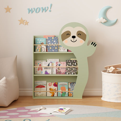 Sloth Bookshelf, Front Facing Toddler Book Display Rack With 3 Tiers, Cute Animal Design - Sage Green HouseOfZazla
