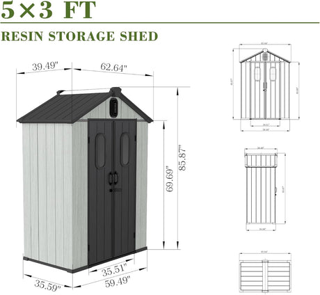5x3FT Outdoor Resin Storage Shed with Transparent Windows & Louvered Vents HouseOfZazla