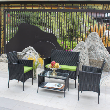 4 PC Rattan Patio Furniture Set Outdoor Cushioned Wicker Sofa Green Cushion HouseOfZazla