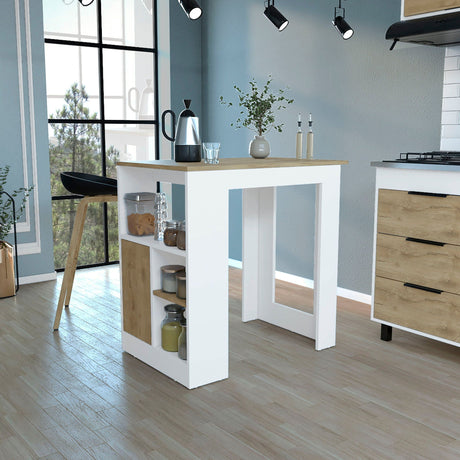 Kitchen Island Three Open Side Storage Shelves And One Push-To-Open Cabinet - White / Macadamia HouseOfZazla