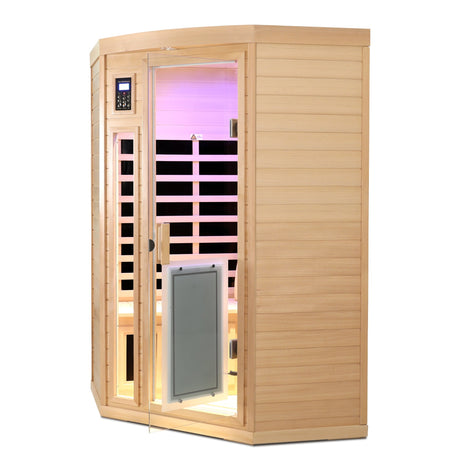 Low EMF, there is also a heating plate on the glass door, can be placed on the pentagon in the corner of the room, Hemlock wood Far-infrared indoor Two person sauna room HouseOfZazla