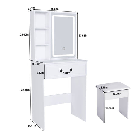 Modern Mini Dressing Table With Led-Lit Mirror & Hidden Storage, Adjustable Brightness Vanity Desk - White HouseOfZazla