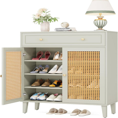 Shoe Cabinet With Rattan Doors And Drawer, 4 Tier Storage Organizer - Mint Green HouseOfZazla
