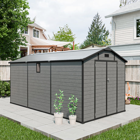 8x14 FT Plastic Outdoor Storage Shed - Lockable Resin Tool Shed with 2 Window & 3 Air vents HouseOfZazla