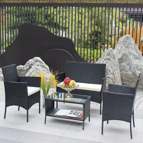 4 PC Rattan Patio Furniture Set Outdoor Cushioned Wicker Sofa HouseOfZazla