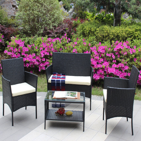 4 PC Rattan Patio Furniture Set Outdoor Cushioned Wicker Sofa HouseOfZazla