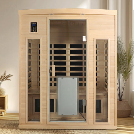 Low EMF, There is also a heating plate on the glass door, Hemlock wood Far-infrared indoor Three person sauna room HouseOfZazla