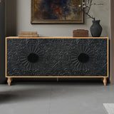Black Carved Symmetrical Design Door And Wood Coloured Frame TV Stand
