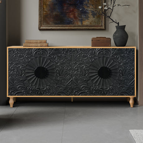 Black Carved Symmetrical Design Door And Wood Coloured Frame TV Stand HouseOfZazla