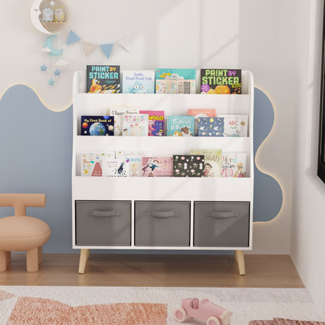 Bookshelf With 3 Storage Bins, Book Display Organizer, Front Facing Book Rack - White HouseOfZazla