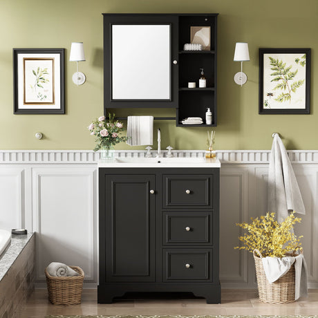 Bathroom Vanity With Sink, Modern Elegant Bathroom Storage Cabinet With 3 Drawers And Adjustable Shelves, Freestanding Vanity Set With Mirror Cabinet, Single Sink Bathroom Vanity HouseOfZazla