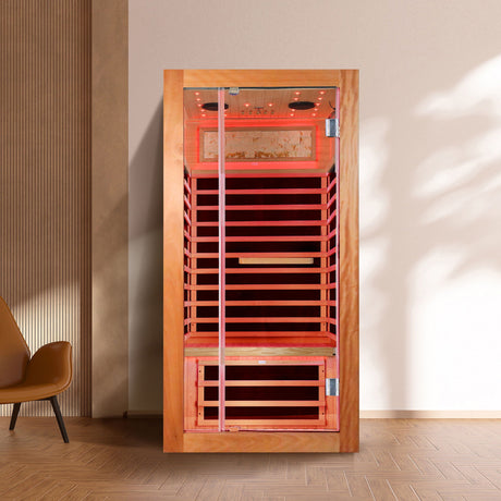 Single Person Sauna Room With LED Lighting, Epoxy Heating Plates, And Compact Design - American White Oak HouseOfZazla