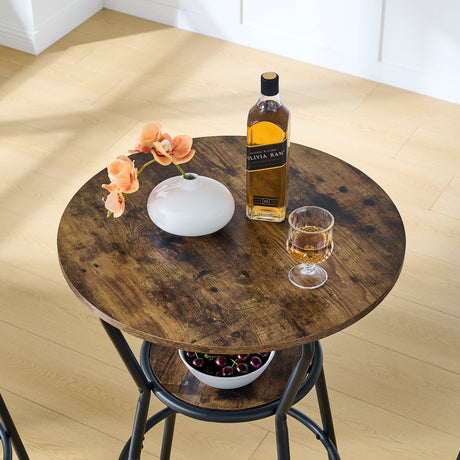 Rustic Brown Round Bar Table And Stool Set With Shelf, Upholstered Stool With Backrest - Antique Brown HouseOfZazla