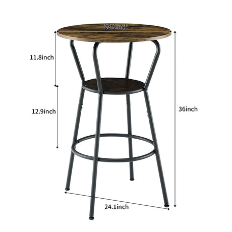 Rustic Brown Round Bar Table And Stool Set With Shelf, Upholstered Stool With Backrest - Antique Brown HouseOfZazla
