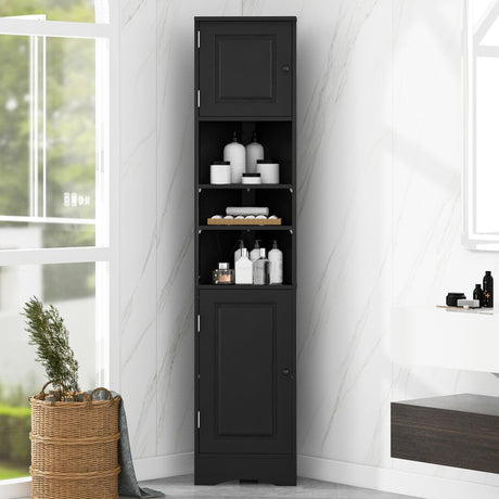 Multi-Functional Corner Cabinet Tall Bathroom Storage Cabinet with Two Doors and Adjustable Shelves, Open Shelf HouseOfZazla