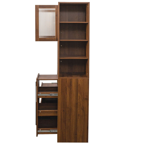 Tall Kitchen Pantry Cabinet With 4 Tier Side Shelf, 2 Drawers, Freestanding Food Hutch With Microwave Stand For Dining Room - Walnut HouseOfZazla
