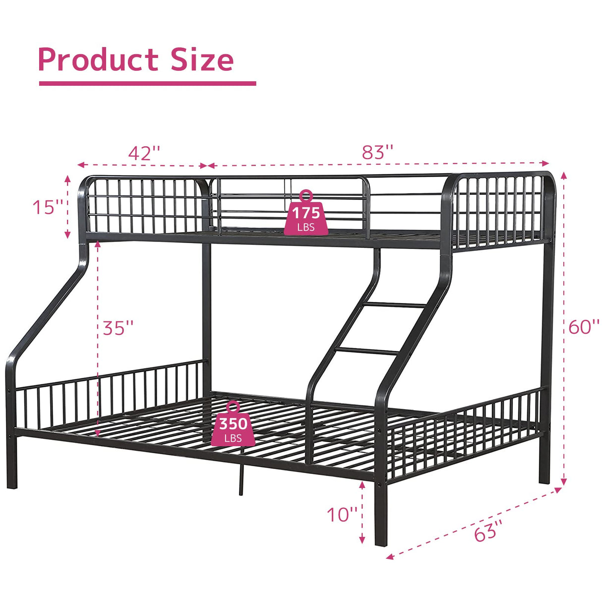 Acme Furniture Caius 60" x 83" Transitional Metal Tube Twin XL Over Queen Bunk Bed with Slat System in Gunmetal Finish Acme