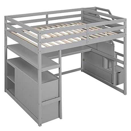 Acosure Grey Full Size Loft Bed with Desk, Shelves, and Storage Staircase Acosure