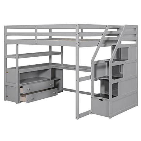 Acosure Grey Full Size Loft Bed with Desk, Shelves, and Storage Staircase Acosure
