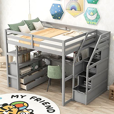 Acosure Grey Full Size Loft Bed with Desk, Shelves, and Storage Staircase Acosure