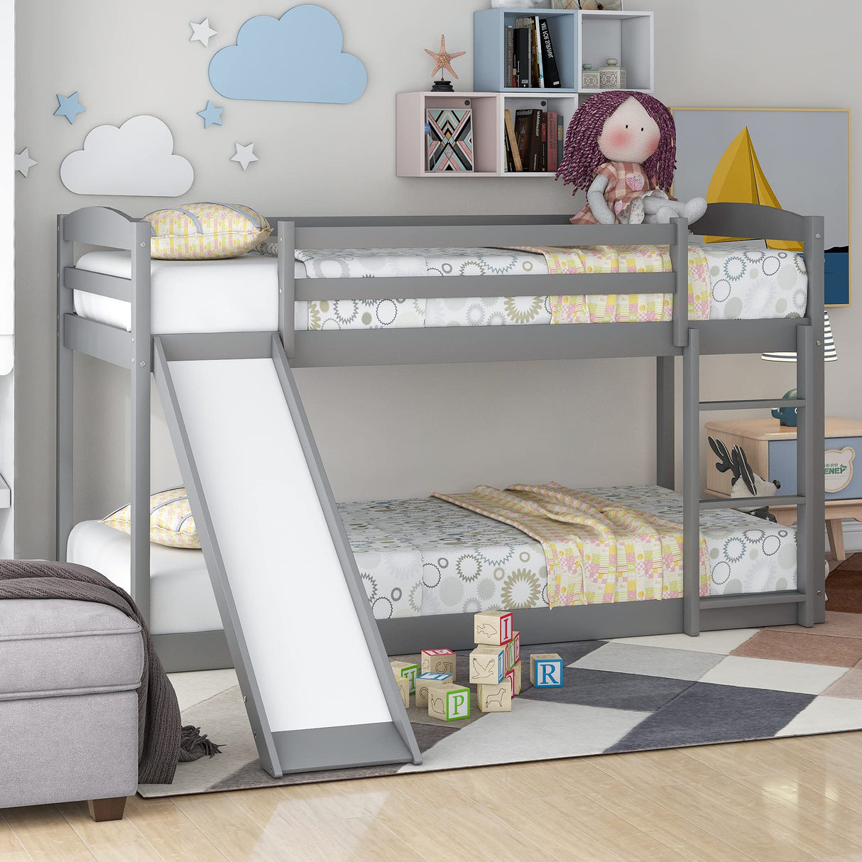Acosure Twin Bunk Convertible Slide and Ladder,Bedroom Wood Low Bed Frame W/Full-Length Guardrails,No Box Spring Required,Slat Support,for Kid Boy Girl,Gray Acosure