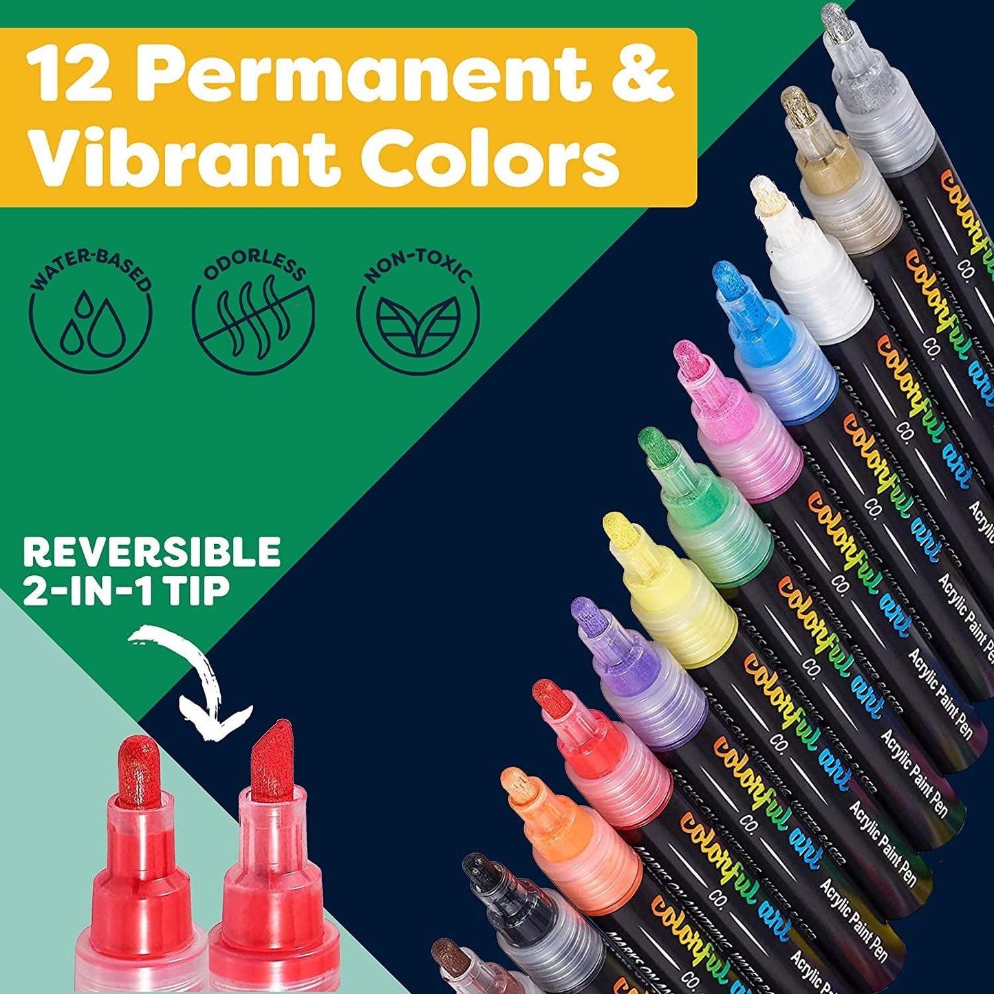 Acrylic Paint Pens Permanent Waterproof 12 Pack Reversible 3-5Mm Brush Tips Painting Markers Rocks, Wood, Glass, Ceramic - WoodArtSupply