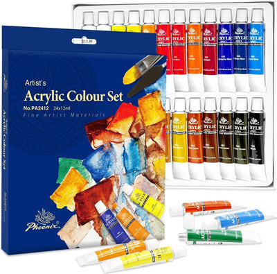 Acrylic Paint Set 24 Color X 12Ml / 0.4 Fl Oz Tubes Non-Toxic Art Paints for Canvas, Wood, Glass, Ceramic